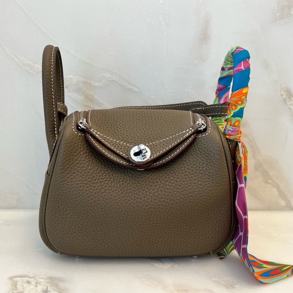 Mini Lindy Etoupe Gray Togo Leather Palladium Silver HW + Twilly